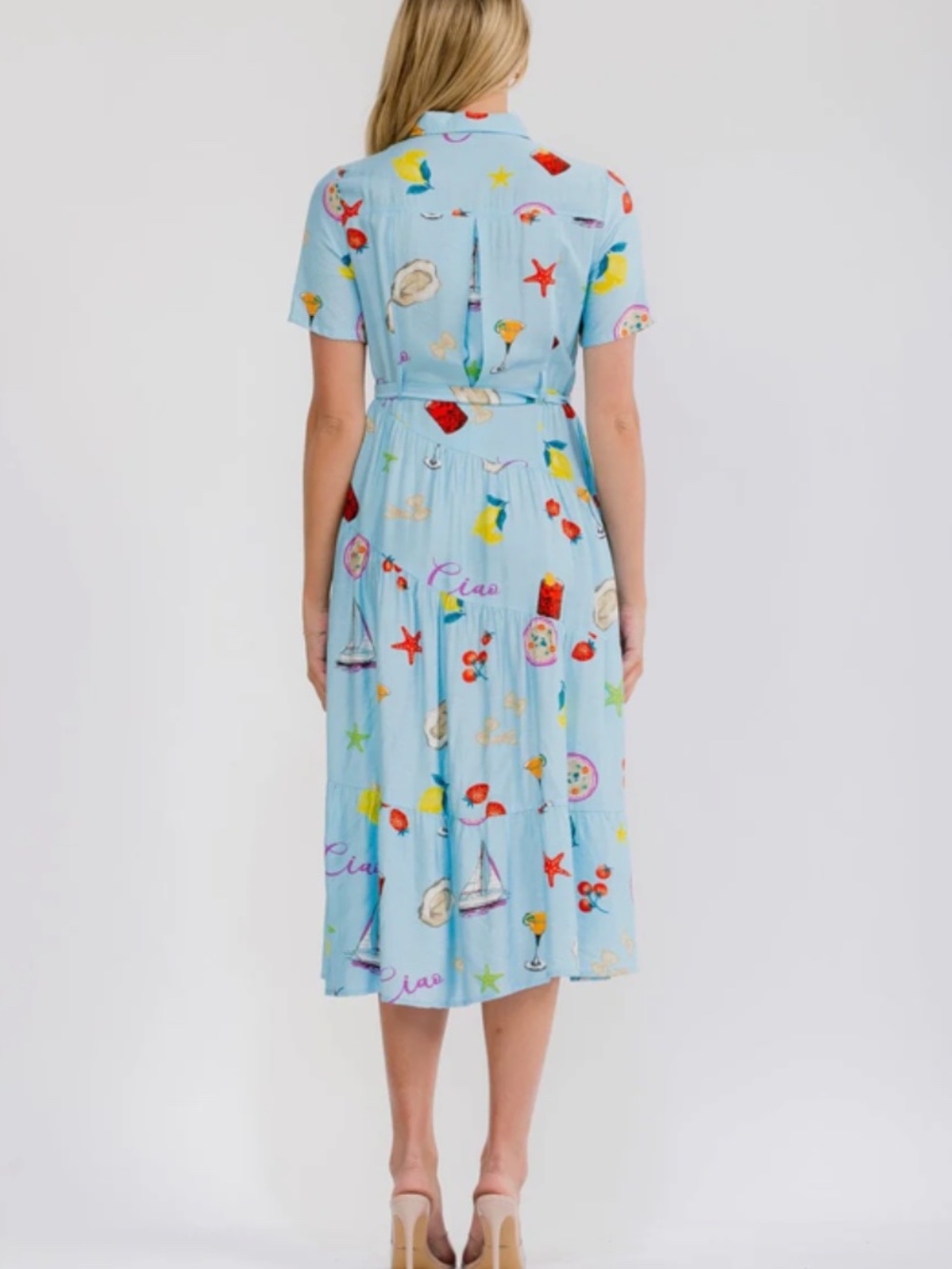 "The Kara" Blue Button Up Self Tie Multi Print Midi Dress - Picture 3 of 3
